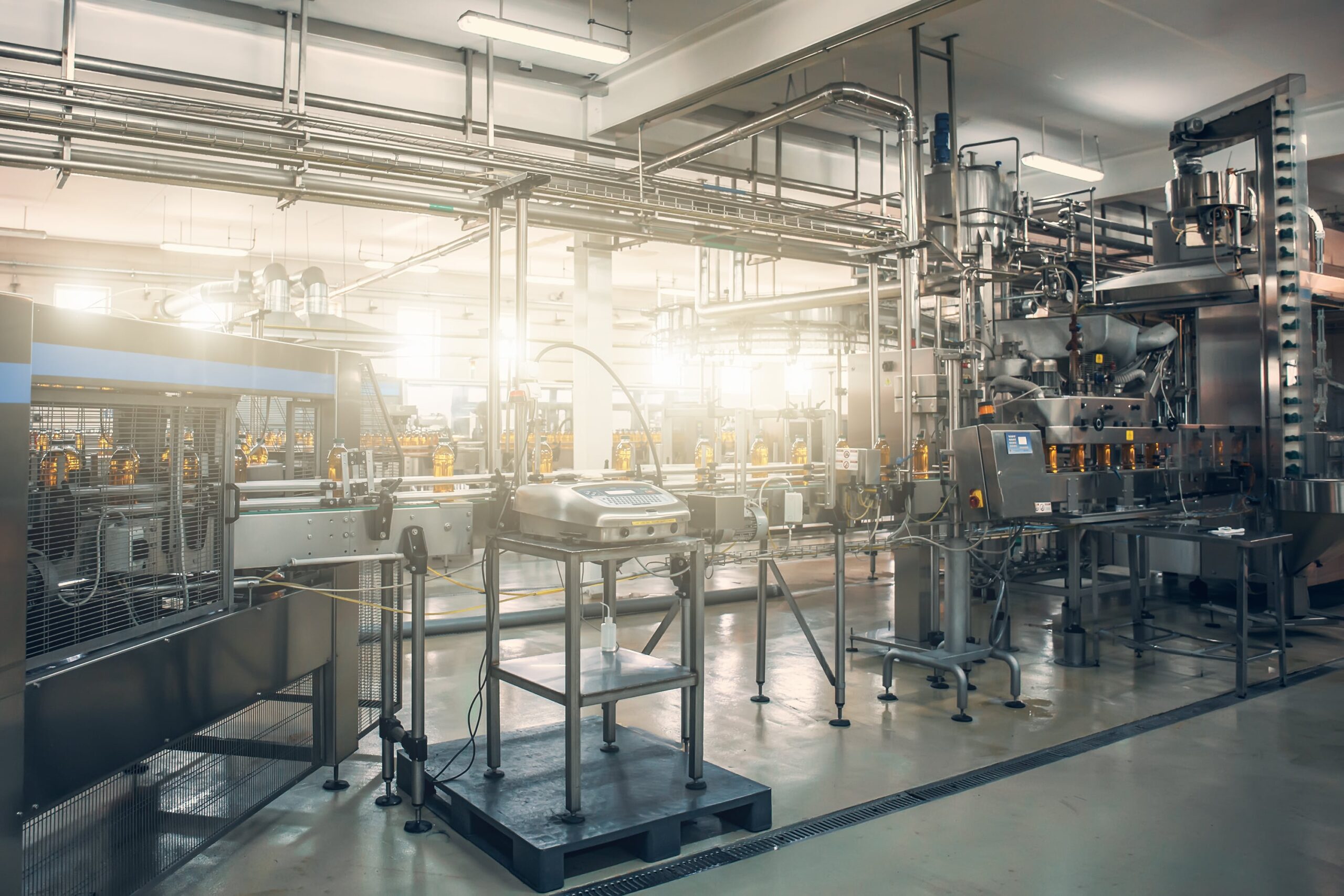 Conveyor belt system in food and beverage plant.