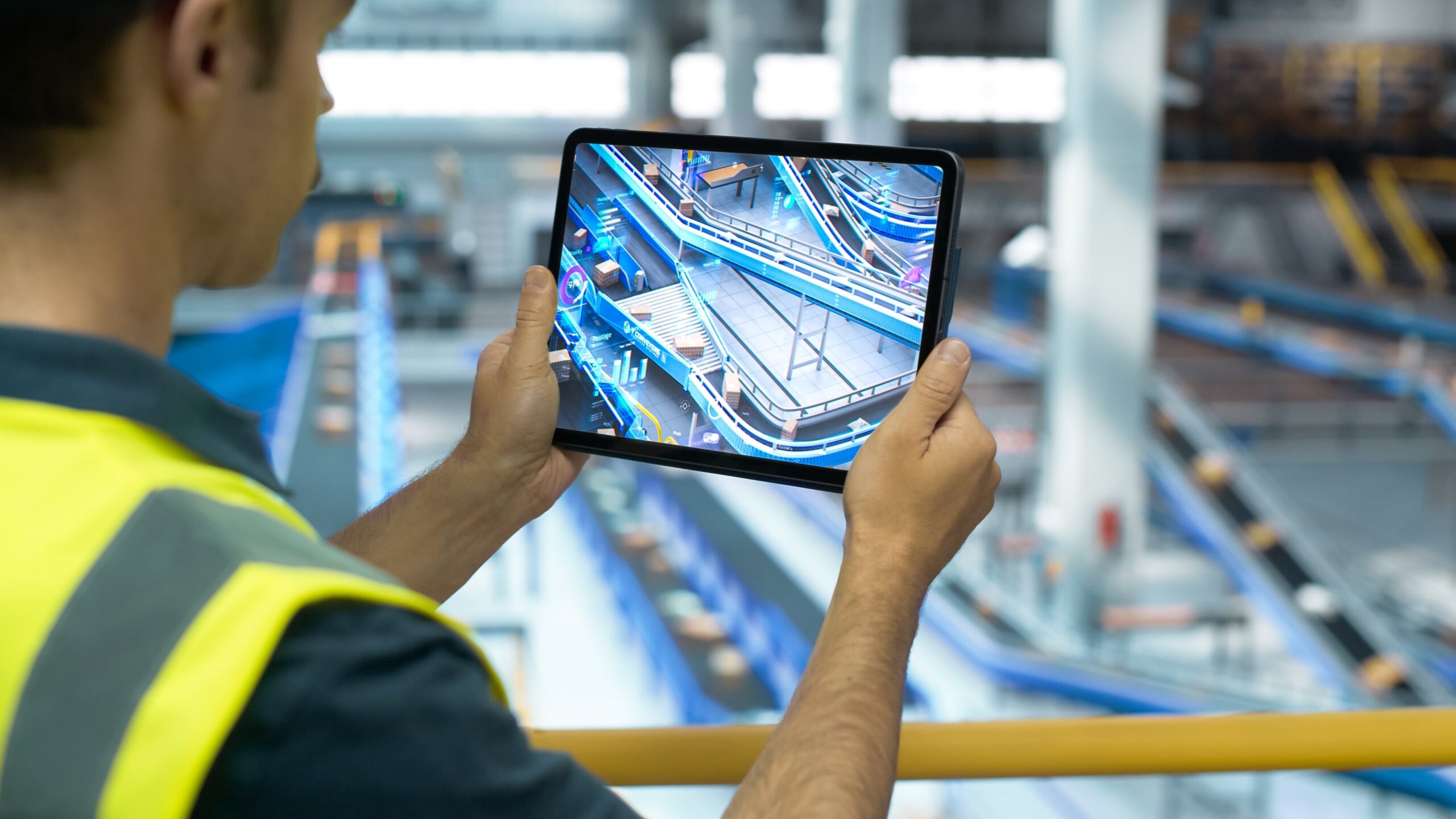 Worker viewing a conveyor belt system.