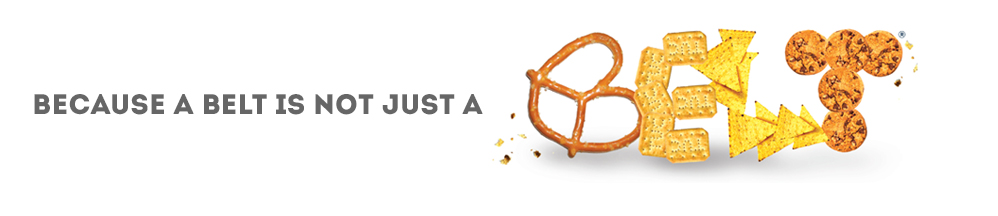 "Because a belt is not just a belt" logo with food to creatively spell the word "belt."